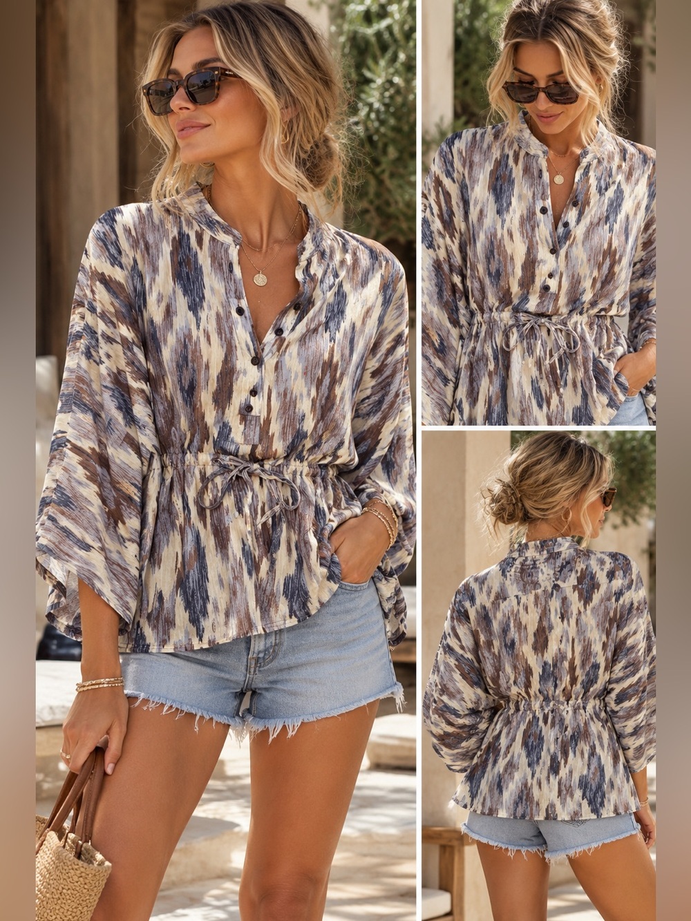 Michael Michael Kors Ikat Print Drawstring Waist Blouse Tunic M